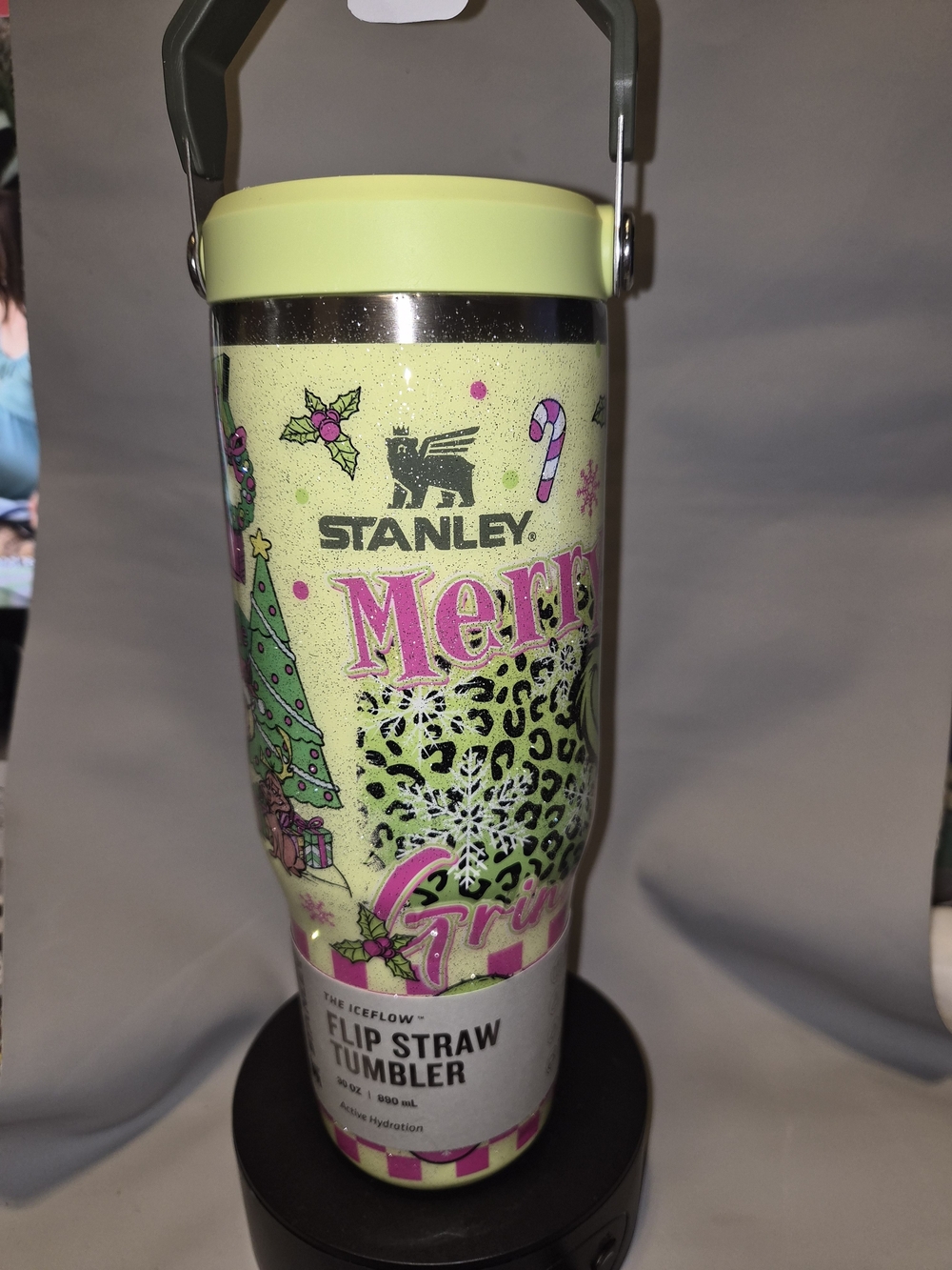 30oz Stanley Merry Holiday Lime Green Flip Straw Tumbler